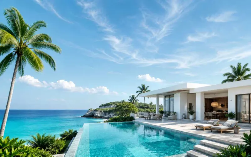Luxury oceanfront villa with pool and palm trees